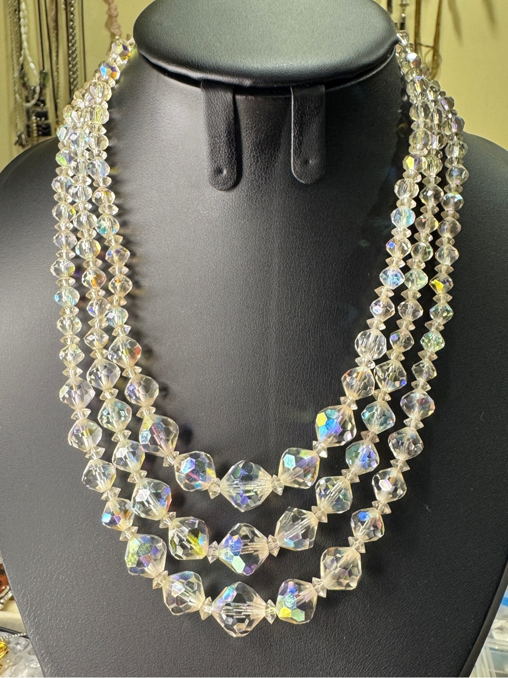 Vintage Crystal Aurora AB Triple-Strand Necklace - Clear